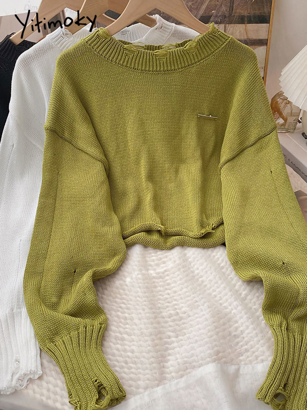 Yitimoky džemper Ženski preveliki pleteni pulover dugih rukava Tople kratke majice Jesen Zima 2022. Korejska modna odjeća O-izrez