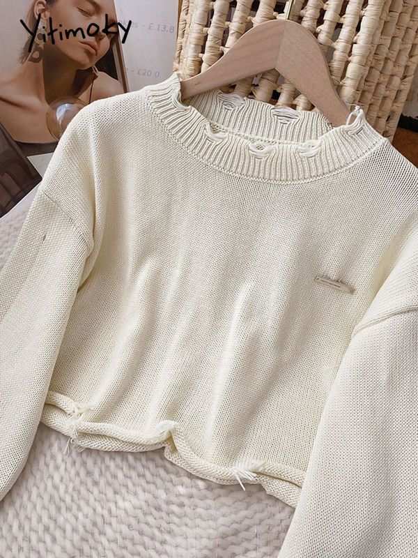 Yitimoky džemper Ženski preveliki pleteni pulover dugih rukava Tople kratke majice Jesen Zima 2022. Korejska modna odjeća O-izrez