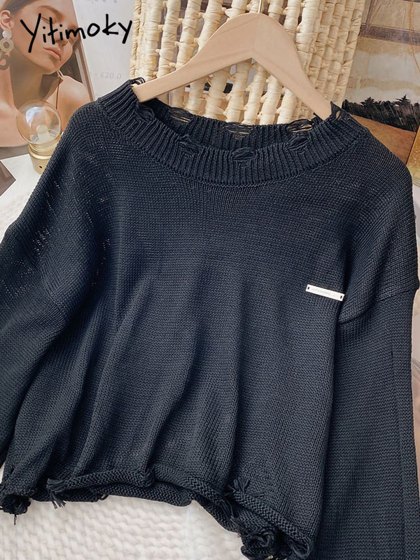 Yitimoky džemper Ženski preveliki pleteni pulover dugih rukava Tople kratke majice Jesen Zima 2022. Korejska modna odjeća O-izrez