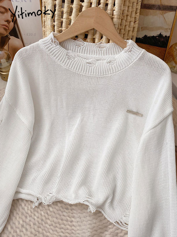 Yitimoky džemper Ženski preveliki pleteni pulover dugih rukava Tople kratke majice Jesen Zima 2022. Korejska modna odjeća O-izrez