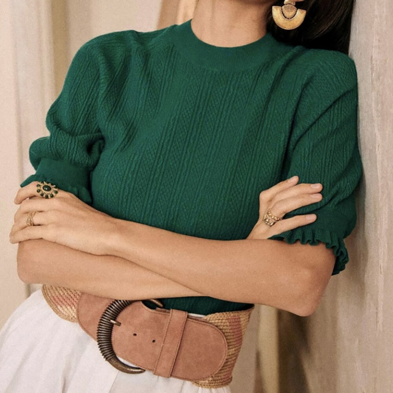 Rowling Mirror masīvs volānveida džemperis Sieviešu džemperis ar puspiedurknēm un kakla izgriezumu, sieviešu ikdienas džemperis, elegants trikotāžas džemperis