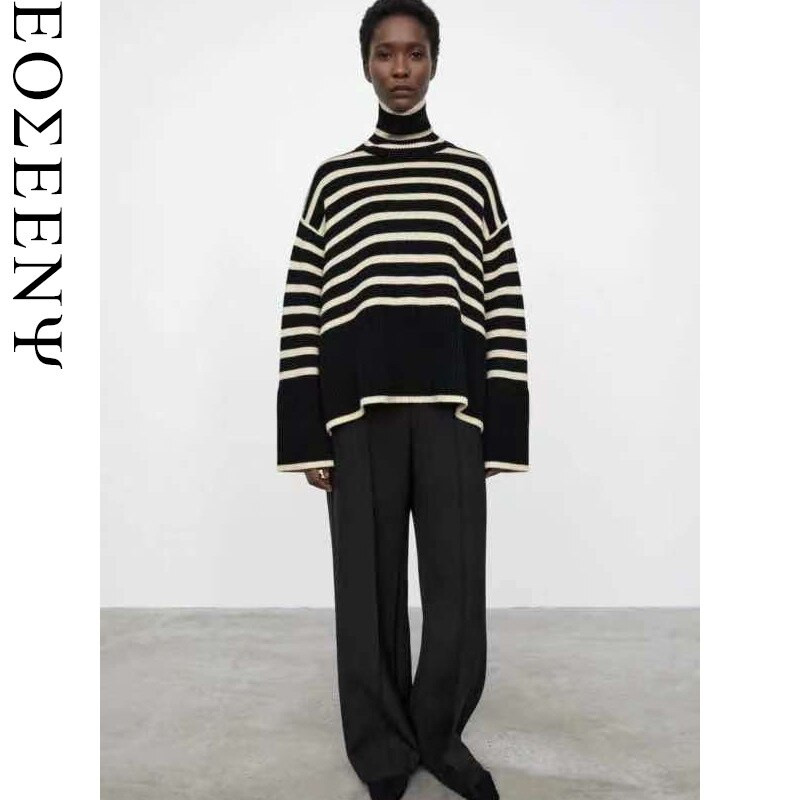 Naiste triibuline kootud sviiter, kõrge kaelusega vabaaja stiilis avar kampsun 2021. aasta sügis-talv naiste