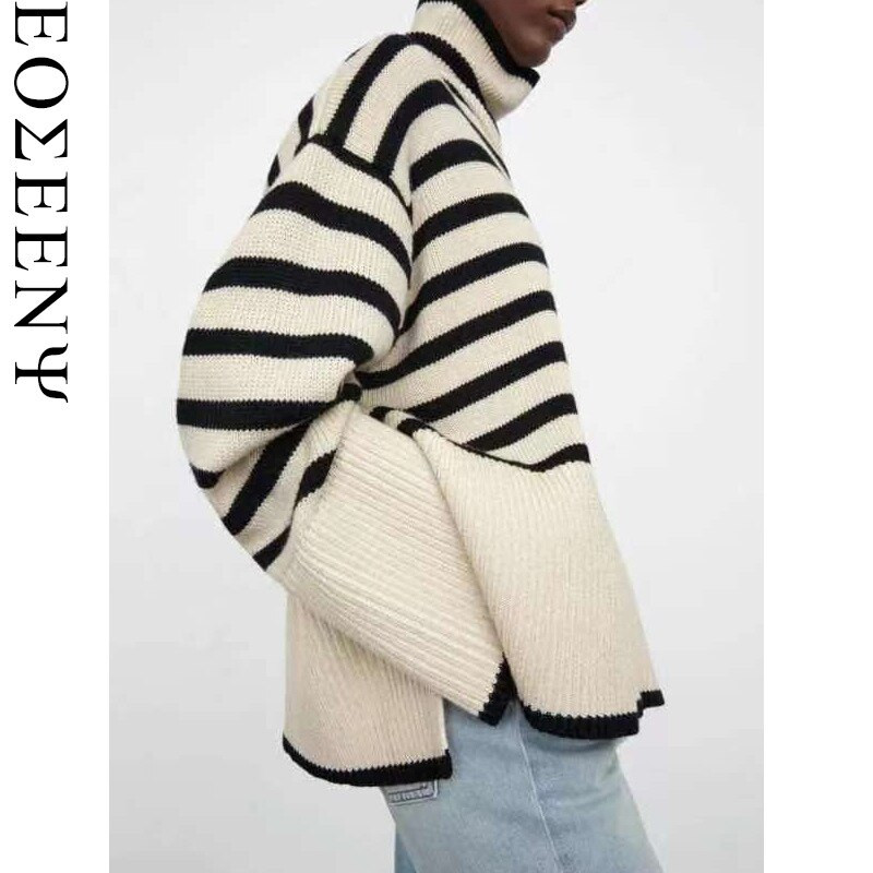 Naiste triibuline kootud sviiter, kõrge kaelusega vabaaja stiilis avar kampsun 2021. aasta sügis-talv naiste