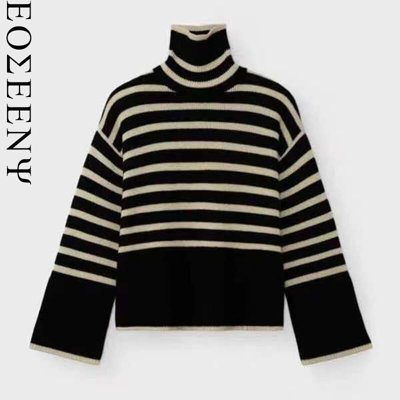 Naiste triibuline kootud sviiter, kõrge kaelusega vabaaja stiilis avar kampsun 2021. aasta sügis-talv naiste