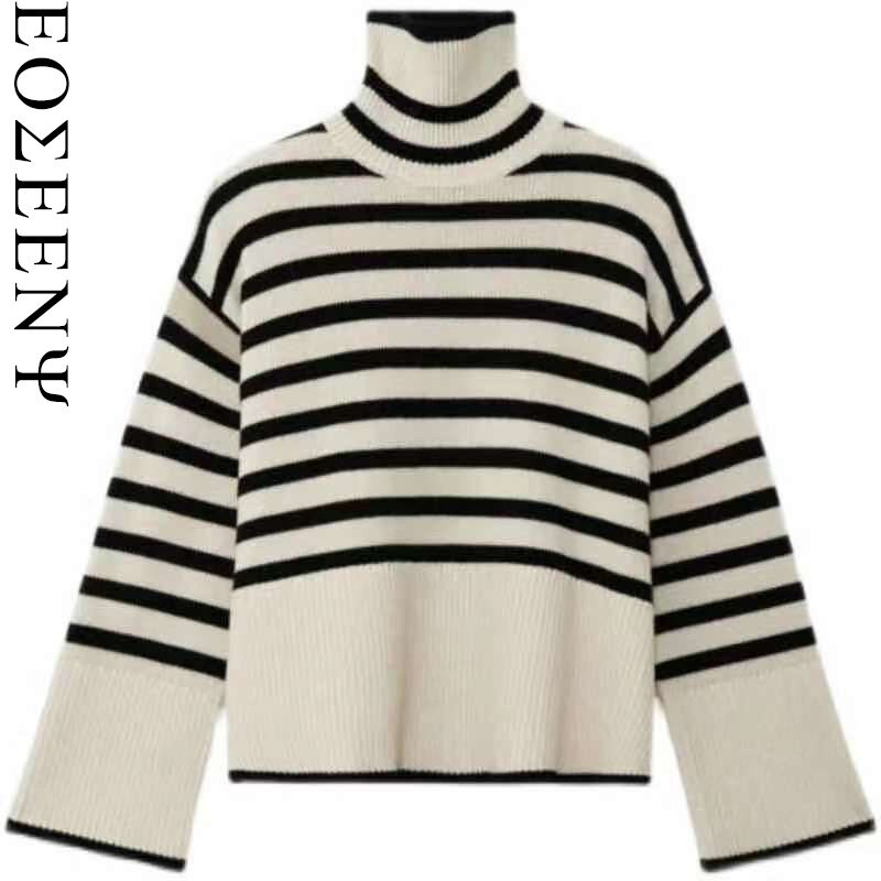 Naiste triibuline kootud sviiter, kõrge kaelusega vabaaja stiilis avar kampsun 2021. aasta sügis-talv naiste