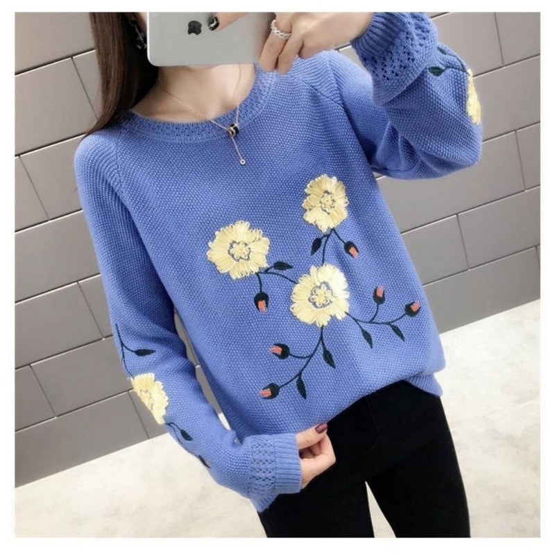 Rudens žiemos laisvas laisvalaikio siuvinėjimas, megztinis moteriškas megztinis ilgomis rankovėmis, puikiai tinkantis megztinis, moteriškas elegantiškas mezgimo megztinis