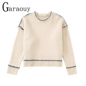 Garaouy 2023. gada pavasara rudens trikotāžas džemperis, sieviete ar apaļu apkakli, kontrasta līnija. Izrotāt brīvu sieviešu džemperi, mīksts, silts džemperis Mujer