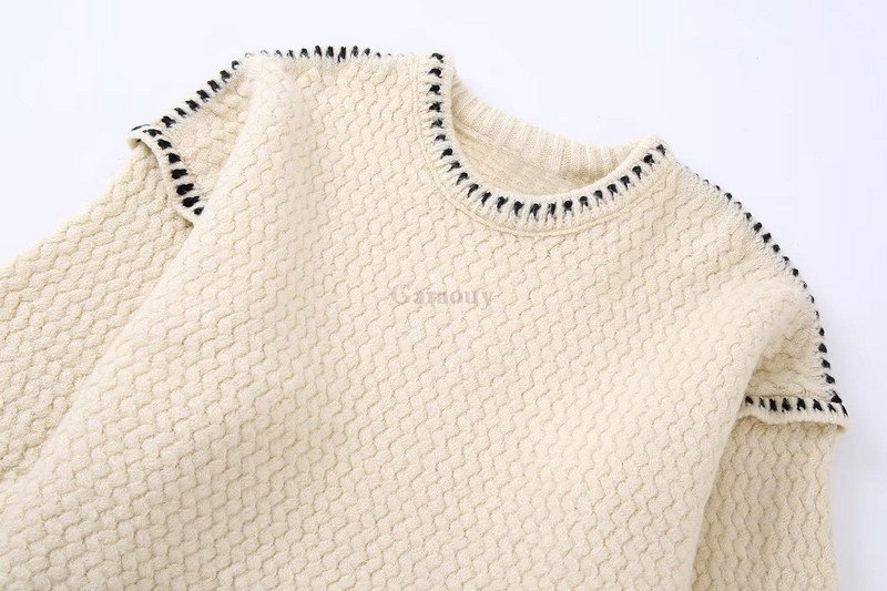 Garaouy 2023. gada pavasara rudens trikotāžas džemperis, sieviete ar apaļu apkakli, kontrasta līnija. Izrotāt brīvu sieviešu džemperi, mīksts, silts džemperis Mujer