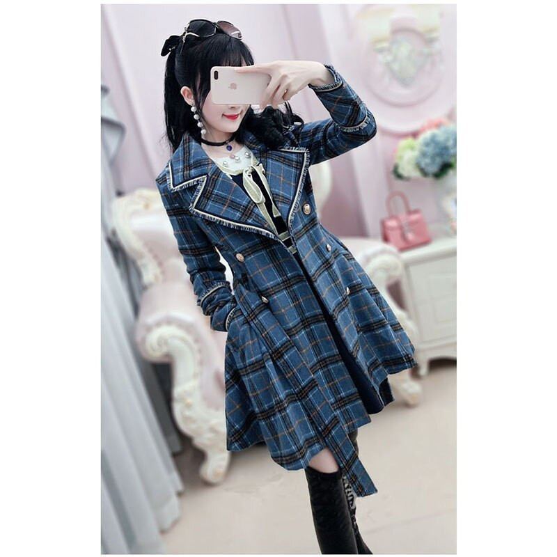 Sieviešu mētelis, 2022. gada pavasara zils rūtains britu vidēji garš vilnas mētelis, jauna sieviešu vējjaka