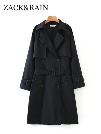ZACK RAIN Γυναικεία καμπαρντίνα με διπλό στήθος με ζώνη μεσαίου μήκους 2022 Κομψό παλτό Φθινόπωρο/Χειμώνας Vintage Μασίφ, φαρδιά γυναικεία ρούχα