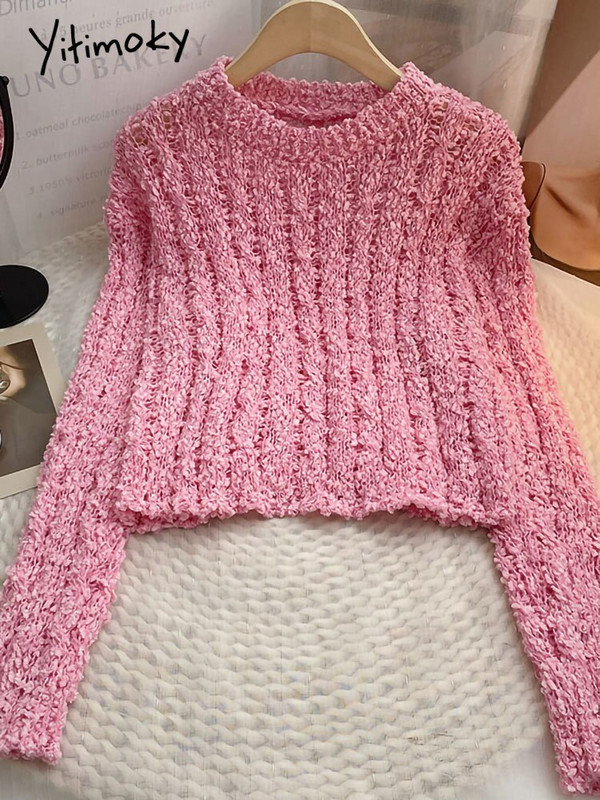 Yitimoky ροζ κασμίρ Γυναικείο πουλόβερ πουλόβερ με μακρυμάνικο πλεκτό φθινόπωρο Χειμώνας 2022 Μπλε πουλόβερ κορεατικής μόδας με λαιμόκοψη