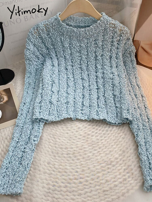 Yitimoky ροζ κασμίρ Γυναικείο πουλόβερ πουλόβερ με μακρυμάνικο πλεκτό φθινόπωρο Χειμώνας 2022 Μπλε πουλόβερ κορεατικής μόδας με λαιμόκοψη