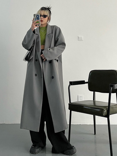 [EAM] Ženska zelena duga, velika, elegantna trenč nova vjetrovka s dugim rukavima na rever, široka moda proljeće jesen 2022. 1DF0078