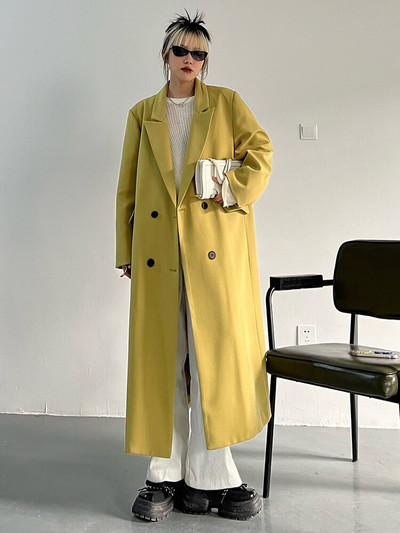 [EAM] Ženska zelena duga, velika, elegantna trenč nova vjetrovka s dugim rukavima na rever, široka moda proljeće jesen 2022. 1DF0078