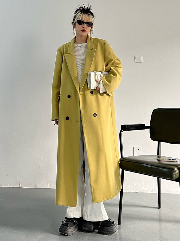 [EAM] Ženska zelena duga, velika, elegantna trenč nova vjetrovka s dugim rukavima na rever, široka moda proljeće jesen 2022. 1DF0078