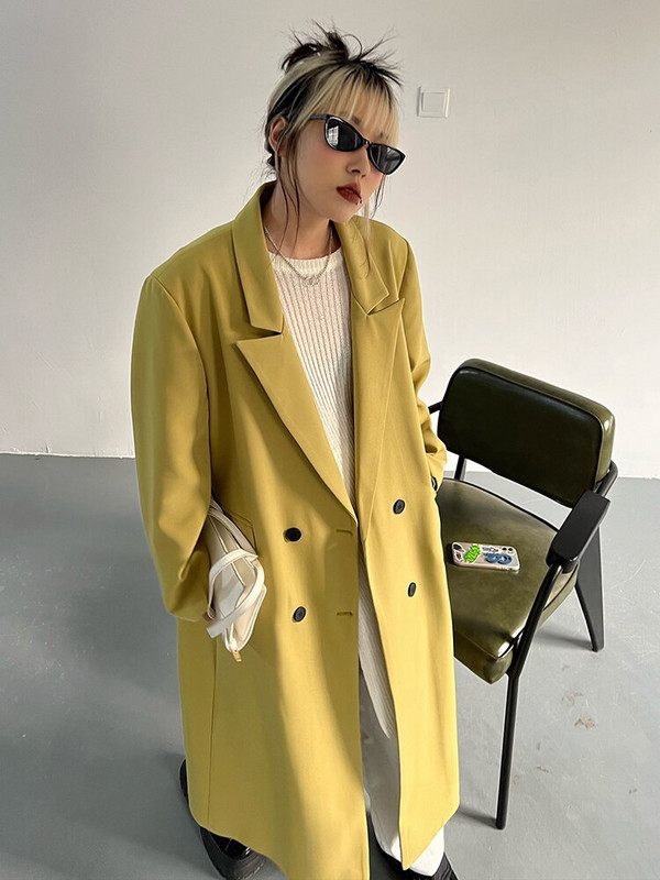 [EAM] Ženska zelena duga, velika, elegantna trenč nova vjetrovka s dugim rukavima na rever, široka moda proljeće jesen 2022. 1DF0078