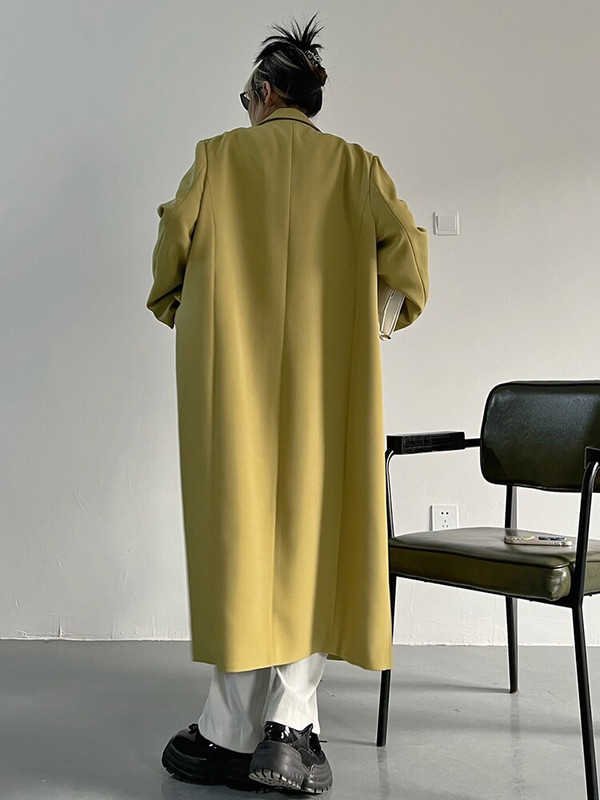 [EAM] Ženska zelena duga, velika, elegantna trenč nova vjetrovka s dugim rukavima na rever, široka moda proljeće jesen 2022. 1DF0078