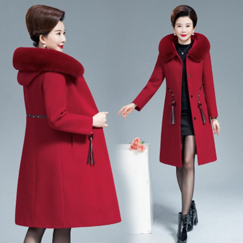 Pusmūža sieviešu vilnas mētelis rudens ziemas biezas kažokādas apkakle Vilnas mētelis sieviešu vidēja gara noble Keep Warm jaka Virsdrēbes L-5XL