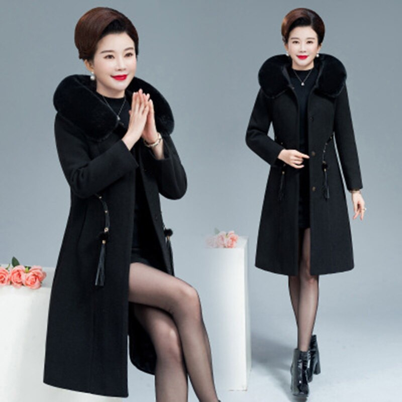 Pusmūža sieviešu vilnas mētelis rudens ziemas biezas kažokādas apkakle Vilnas mētelis sieviešu vidēja gara noble Keep Warm jaka Virsdrēbes L-5XL