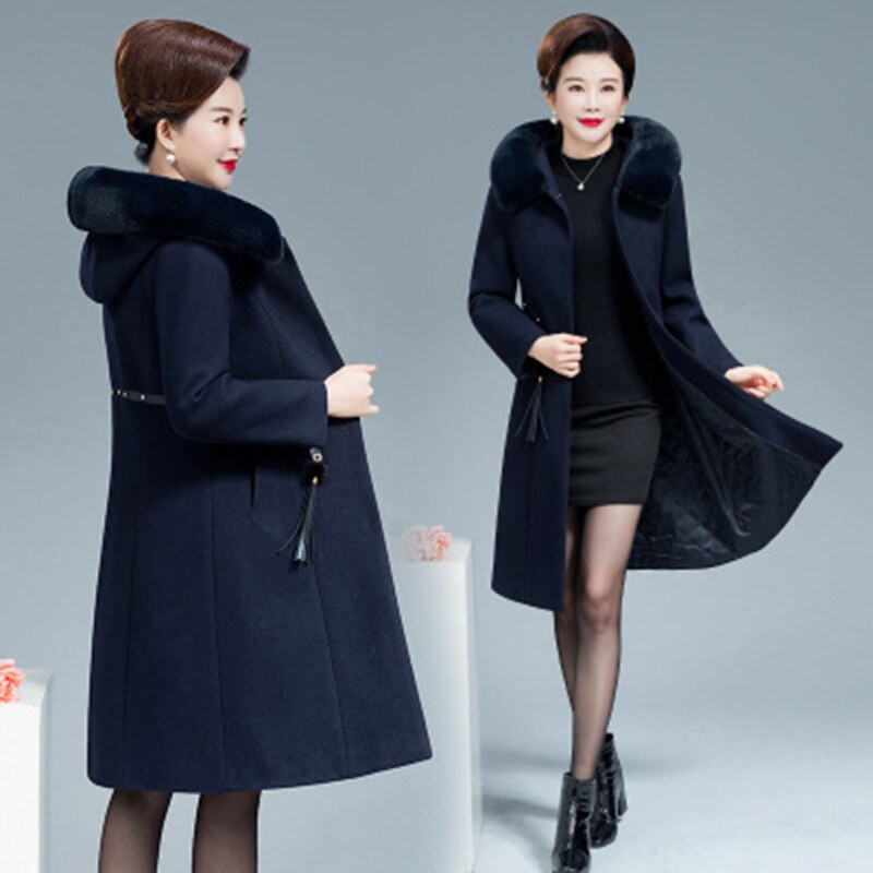 Pusmūža sieviešu vilnas mētelis rudens ziemas biezas kažokādas apkakle Vilnas mētelis sieviešu vidēja gara noble Keep Warm jaka Virsdrēbes L-5XL