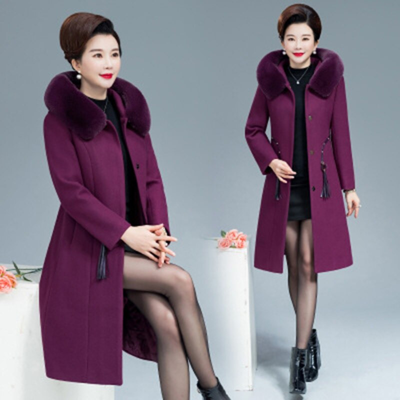 Pusmūža sieviešu vilnas mētelis rudens ziemas biezas kažokādas apkakle Vilnas mētelis sieviešu vidēja gara noble Keep Warm jaka Virsdrēbes L-5XL