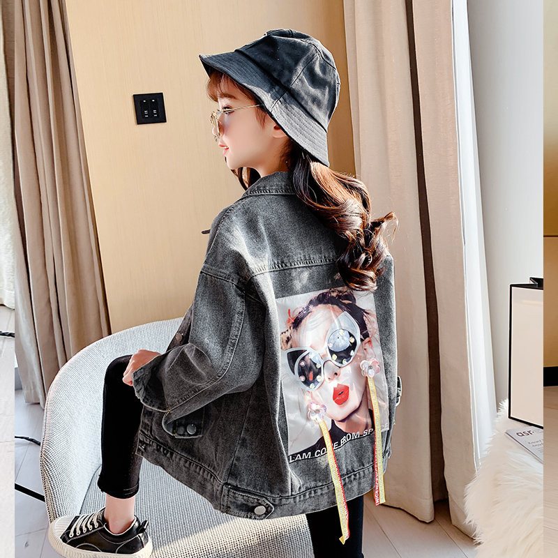 Meiteņu džinsu jaka Pušķi 4-13T Bērnu pavasara pusaudžu mode Eiropā un Amerikā Mētelis Mazu meiteņu dizains Topi Bērnu apģērbs