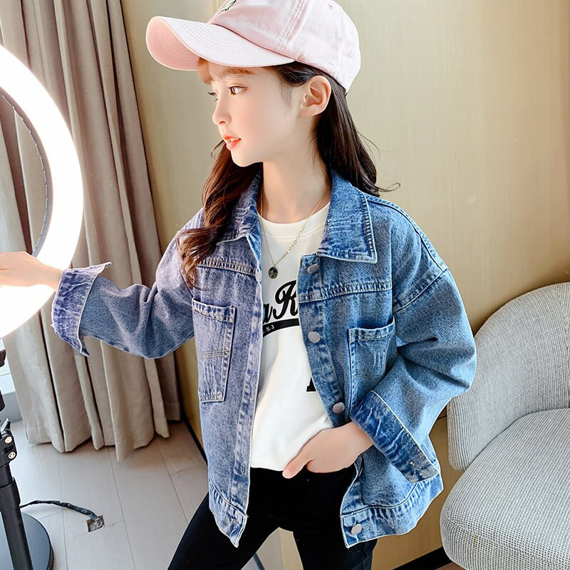 Meiteņu džinsu jaka Pušķi 4-13T Bērnu pavasara pusaudžu mode Eiropā un Amerikā Mētelis Mazu meiteņu dizains Topi Bērnu apģērbs