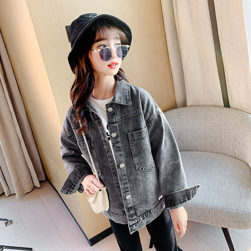 Meiteņu džinsu jaka Pušķi 4-13T Bērnu pavasara pusaudžu mode Eiropā un Amerikā Mētelis Mazu meiteņu dizains Topi Bērnu apģērbs