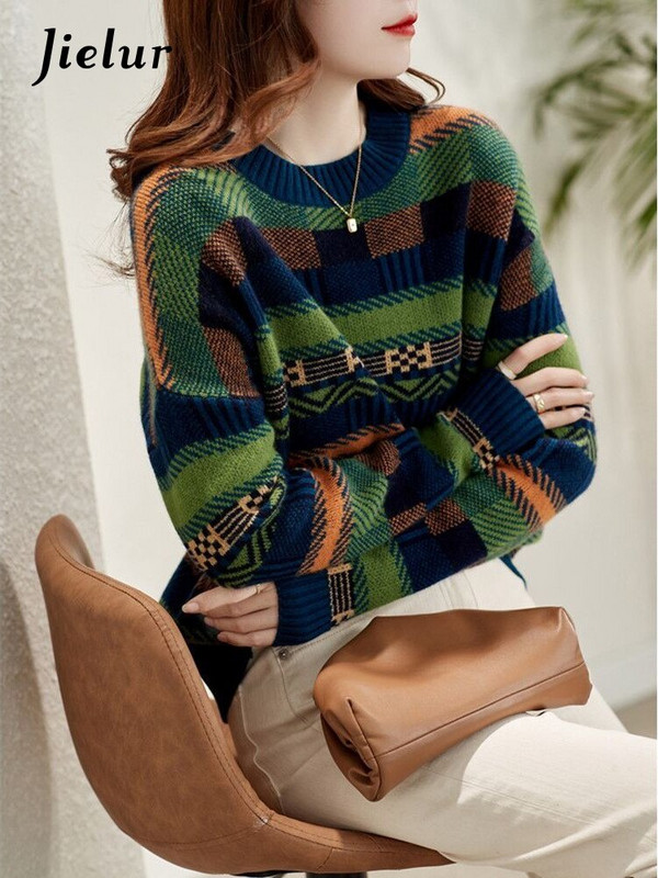 Jielur Πουλόβερ Χειμερινό Νέα Προσωπικότητα Αντίθεση Χρώμα Ριγέ στρογγυλή λαιμόκοψη μακρυμάνικο φαρδύ πουλόβερ πλεκτό Top γυναικεία ρούχα