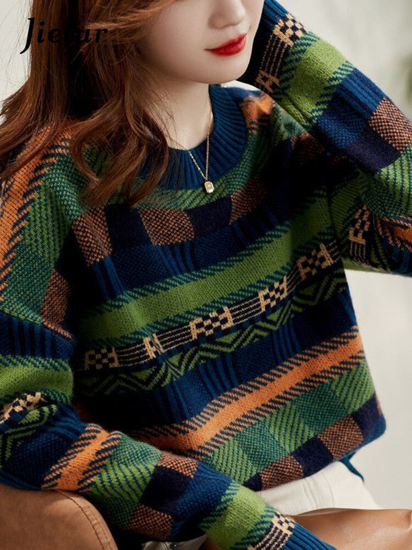 Jielur Πουλόβερ Χειμερινό Νέα Προσωπικότητα Αντίθεση Χρώμα Ριγέ στρογγυλή λαιμόκοψη μακρυμάνικο φαρδύ πουλόβερ πλεκτό Top γυναικεία ρούχα