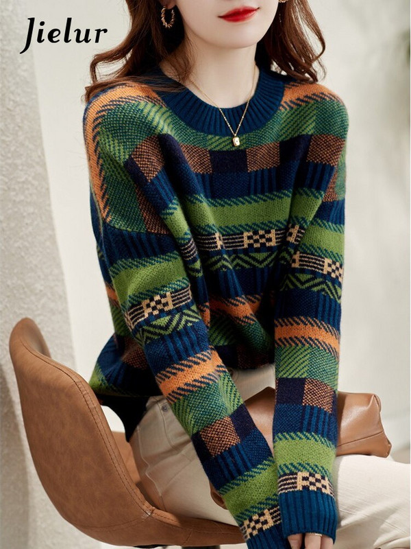 Jielur Πουλόβερ Χειμερινό Νέα Προσωπικότητα Αντίθεση Χρώμα Ριγέ στρογγυλή λαιμόκοψη μακρυμάνικο φαρδύ πουλόβερ πλεκτό Top γυναικεία ρούχα