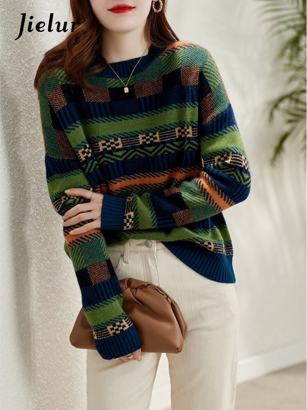Jielur Πουλόβερ Χειμερινό Νέα Προσωπικότητα Αντίθεση Χρώμα Ριγέ στρογγυλή λαιμόκοψη μακρυμάνικο φαρδύ πουλόβερ πλεκτό Top γυναικεία ρούχα