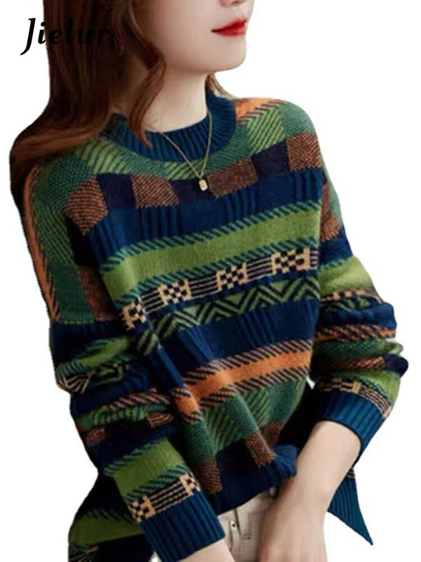 Jielur Πουλόβερ Χειμερινό Νέα Προσωπικότητα Αντίθεση Χρώμα Ριγέ στρογγυλή λαιμόκοψη μακρυμάνικο φαρδύ πουλόβερ πλεκτό Top γυναικεία ρούχα