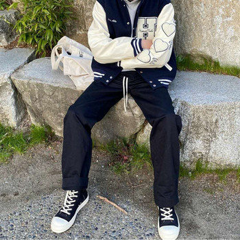 H Letter Baseball Varsity Jacket Men Oversize Women Coats Leather Sleeve Navy Blue Heart Flock Vintage Baggy Jaqueta Masculina