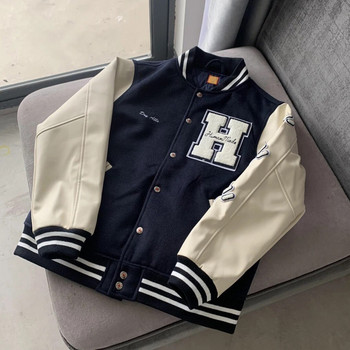 H Letter Baseball Varsity Jacket Men Oversize Women Coats Leather Sleeve Navy Blue Heart Flock Vintage Baggy Jaqueta Masculina