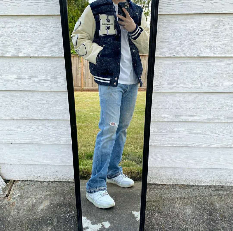 H γράμμα μπέιζμπολ μπουφάν Varsity Ανδρικά Γυναικεία Παλτό Δερμάτινο Μανίκι Navy Blue Heart Flock Vintage Baggy Jaqueta Masculina