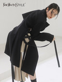 TWOTWINSTYLE izgriezts melns mētelis sievietēm ar atloku garām piedurknēm, pārsējs Dizainera vienkrāsaini mēteļi, sieviešu apģērbs 2021. gada stils, jauns