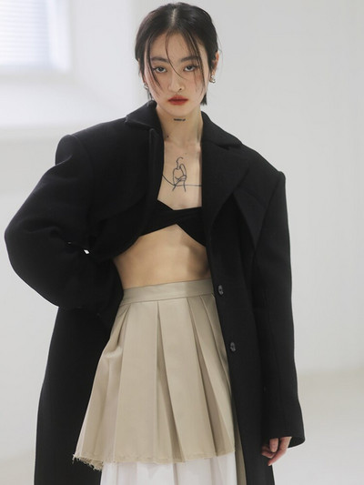 TWOTWINSTYLE izgriezts melns mētelis sievietēm ar atloku garām piedurknēm, pārsējs Dizainera vienkrāsaini mēteļi, sieviešu apģērbs 2021. gada stils, jauns