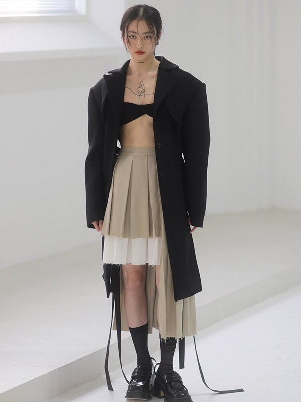 TWOTWINSTYLE izgriezts melns mētelis sievietēm ar atloku garām piedurknēm, pārsējs Dizainera vienkrāsaini mēteļi, sieviešu apģērbs 2021. gada stils, jauns