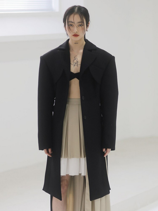 TWOTWINSTYLE izgriezts melns mētelis sievietēm ar atloku garām piedurknēm, pārsējs Dizainera vienkrāsaini mēteļi, sieviešu apģērbs 2021. gada stils, jauns