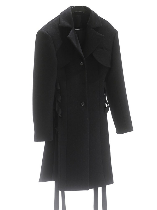 TWOTWINSTYLE izgriezts melns mētelis sievietēm ar atloku garām piedurknēm, pārsējs Dizainera vienkrāsaini mēteļi, sieviešu apģērbs 2021. gada stils, jauns