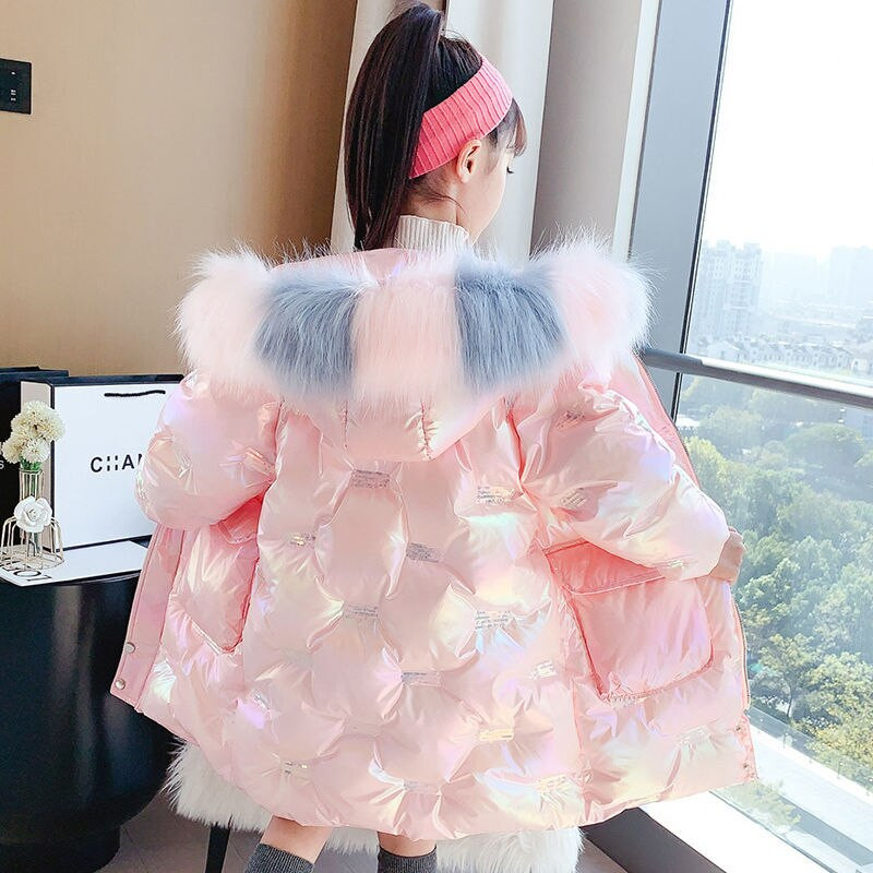 Μόδα για κορίτσια χειμερινό παλτό 2022 με γούνα πάρκα με κουκούλα παιδικά παχυντικά Ζεστό φωτεινό βαμβακερό μπουφάν για κορίτσια TZ659