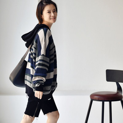 MICOCO Z6363C Λογοτεχνία και τέχνη ελεύθερος χρόνος Σχεδιασμός έγχρωμης λωρίδας ύφανση λουλουδιών χαλαρά και άνετα πλεκτά με κουκούλα