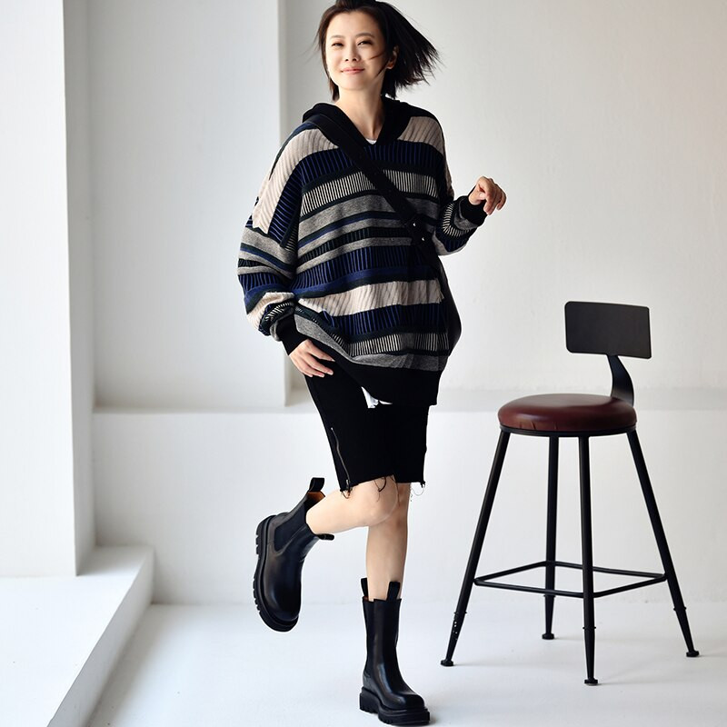 MICOCO Z6363C Λογοτεχνία και τέχνη ελεύθερος χρόνος Σχεδιασμός έγχρωμης λωρίδας ύφανση λουλουδιών χαλαρά και άνετα πλεκτά με κουκούλα