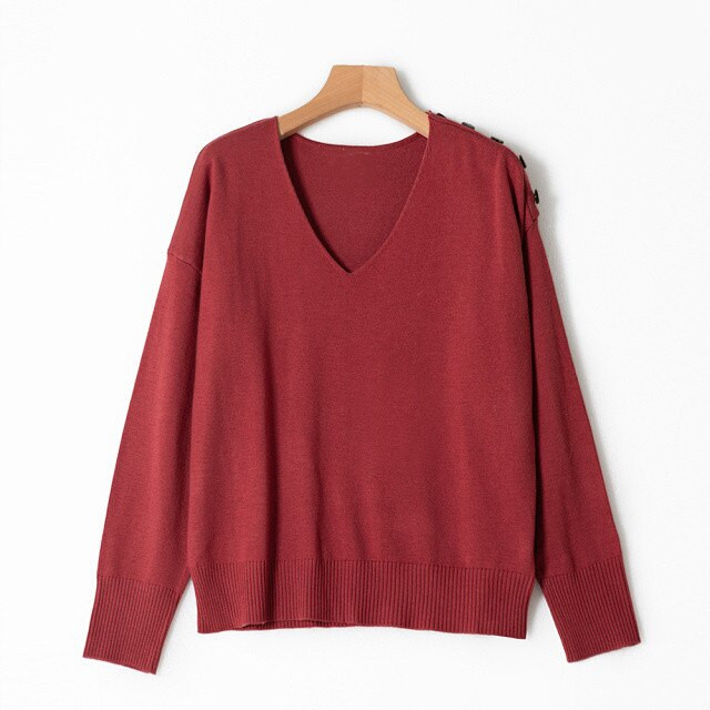 Μονόχρωμο γυναικείο πλεκτό πουλόβερ Μακρυμάνικο λεπτό κουμπιά ώμου Απλό κομψό γυναικείο πουλόβερ Άνοιξη 2022