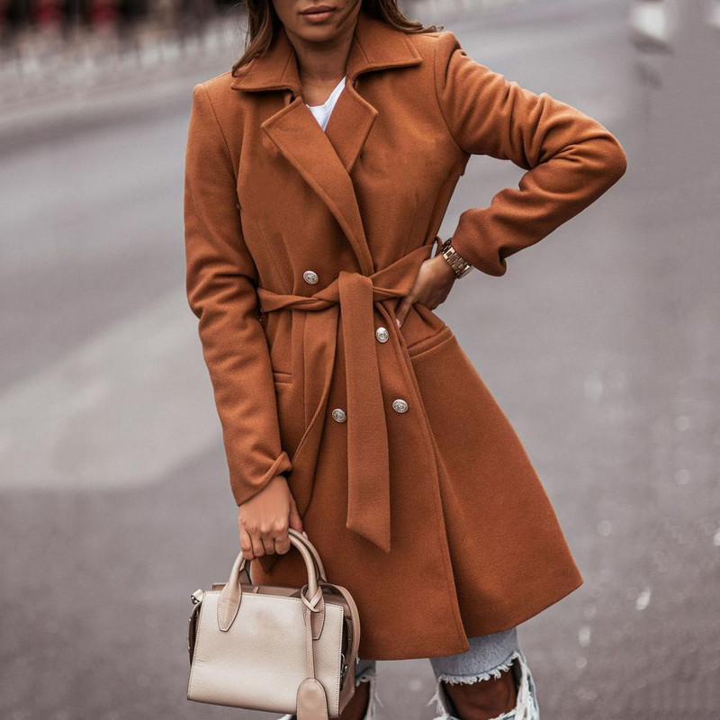 Κομψό Oversize Γυναικείο μακρυμάνικο Φθινοπωρινό Χειμώνα Turndown Τσέπες γιακά Τυλιγμένο Παλτό Τσέπες Πανωφόρι