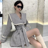 Ζώνη κοστουμιού Χοντρό σακάκι εξωτερικών ενδυμάτων Ζεστό φθινοπωρινό χειμωνιάτικο μάλλινο παλτό Γυναικείο κομψό διπλό στήθος Houndstooth χοντρό μπουφάν