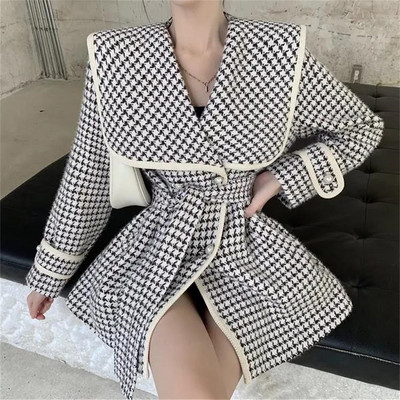 Ζώνη κοστουμιού Χοντρό σακάκι εξωτερικών ενδυμάτων Ζεστό φθινοπωρινό χειμωνιάτικο μάλλινο παλτό Γυναικείο κομψό διπλό στήθος Houndstooth χοντρό μπουφάν