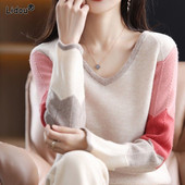 Vintage, blago rastezljive, kontrastne boje, patchwork ženska odjeća, prikladna za kožu, debeli puloveri s V-izrezom