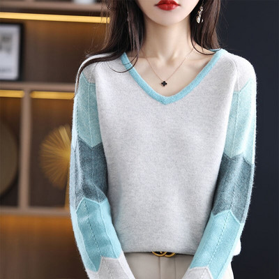 Vintage, blago rastezljive, kontrastne boje, patchwork ženska odjeća, prikladna za kožu, debeli puloveri s V-izrezom
